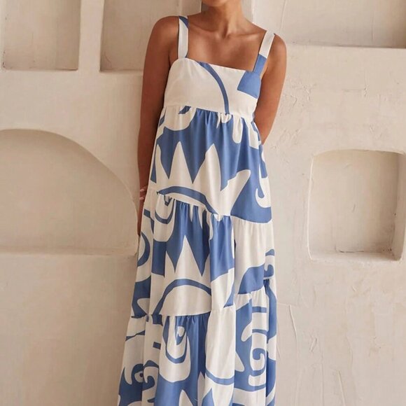 Dresses & Skirts - Blue Casual Women's Vacation Random Printed Long Swing Tank Dress